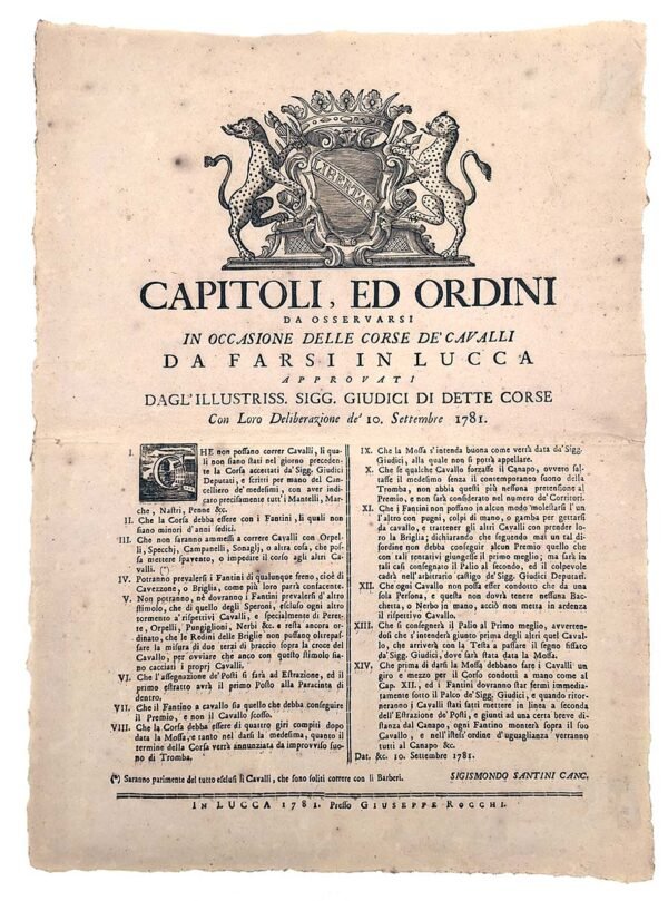 Bando Lucca Toscana Corse Cavalli 1781