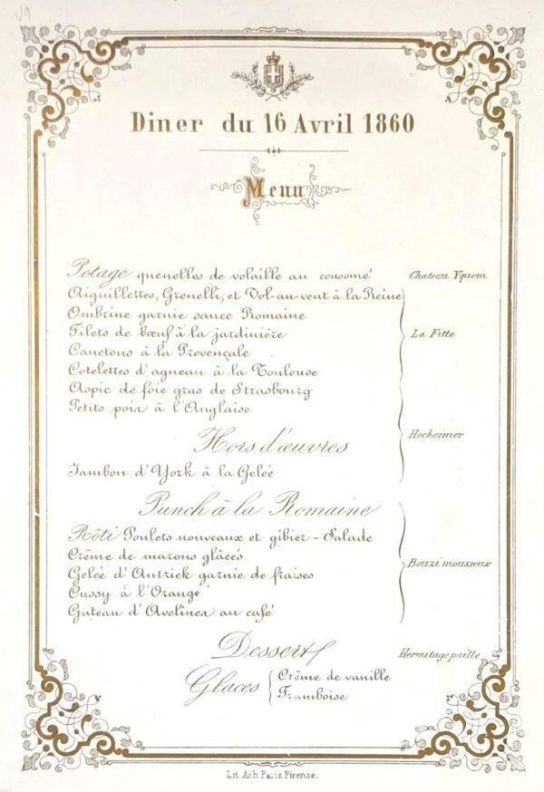 Menu Carta porcellana Vittorio Emanuele a Firenze 1860